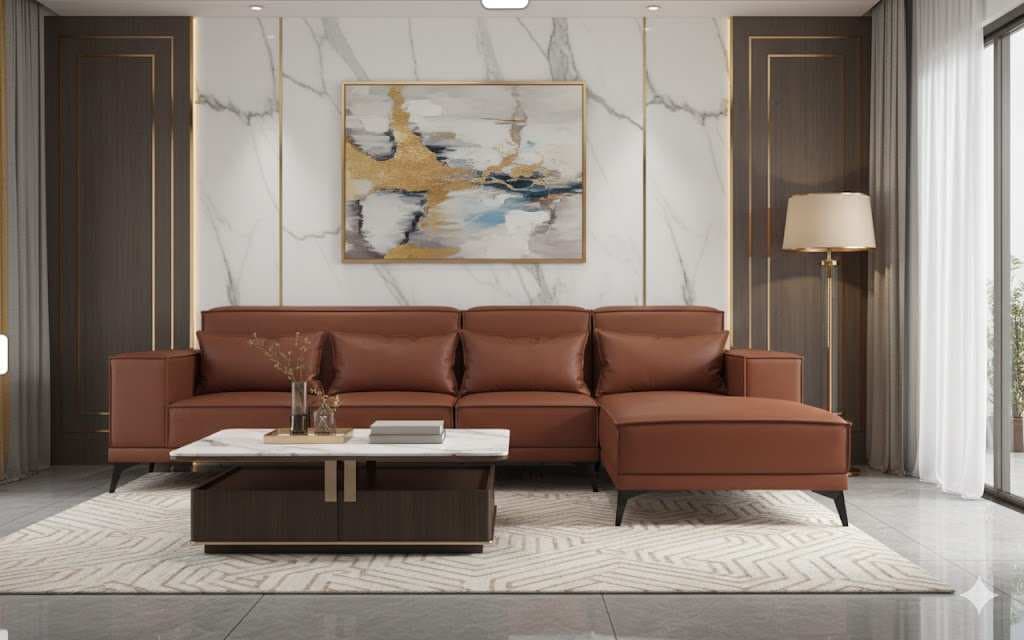 Mẫu sofa góc da nâu sang trọng trong catalogue Gia Công Sofa