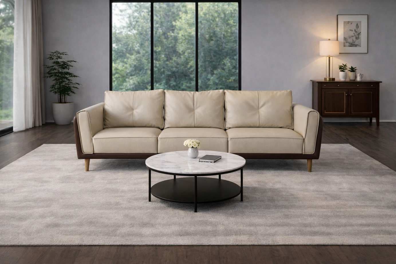 Mẫu sofa văng màu kem phối gỗ trong catalogue Gia Công Sofa